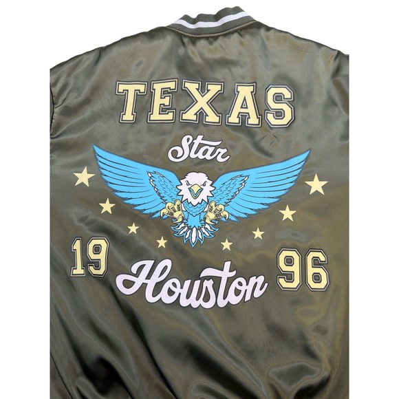 Birch & Stone Texas Star Eagle Satin Bomber Jacket Olive Green Size S - Picture 5 of 7